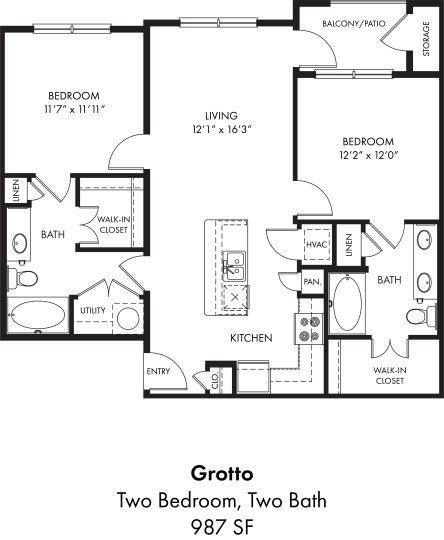 two bedroom two bath floor plan at The Auberge of Tyler