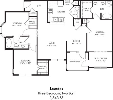 floor plan for the two bedroom, two bath, and two car garage floor plan at The Auberge of Tyler