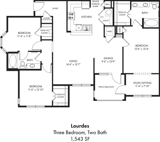 floor plan for the two bedroom, two bath, and two car garage floor plan at The Auberge of Tyler
